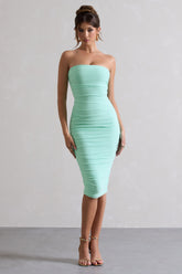 Iced Green Strapless Bodycon Ruched Mesh Midi Dress